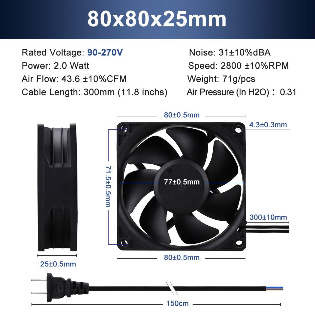 Wathai EC Axial Fan AC 110V 115V 120V 220V 240V Brushless Cooling Fan 80Mm X 25Mm for Desktop