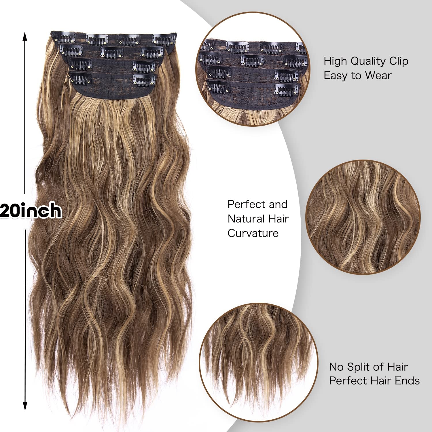 4PCS Clip in Hair Extensions Honey Blonde Mixed Light Brown 20 Inch Long Wavy Synthetic Hair Extensions (4Pcs, 20Inch, 22H10