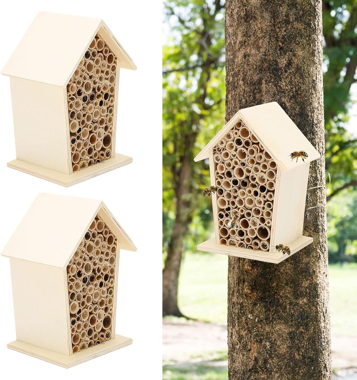 Alvinlite Wooden Mason Bee House, 2Pcs Insect House, Outdoor Hanging Insect Hotel for Pollinating Bee, Butterfly, Ladybirds, Insect Habitat, Bug Hotel Garden, 5.91 X 5.5 X 4.33 Inch