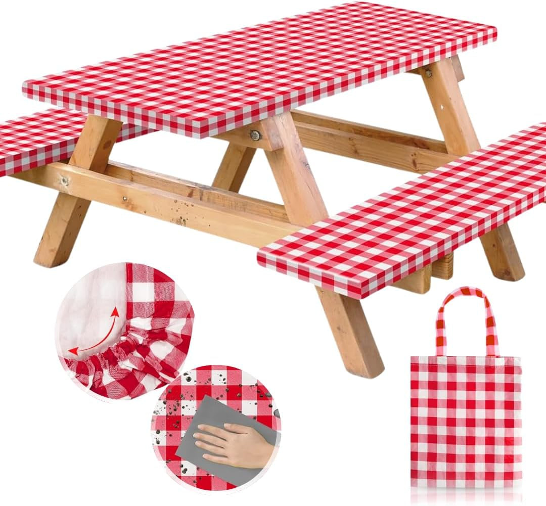 Vinyl Fitted Picnic Table Cover with Bench Covers and Bag, 6Ft Outdoor Waterproof Picnic Tablecloth with Elastic Edges, 72X30 Inches 3 Pcs Set (Red)