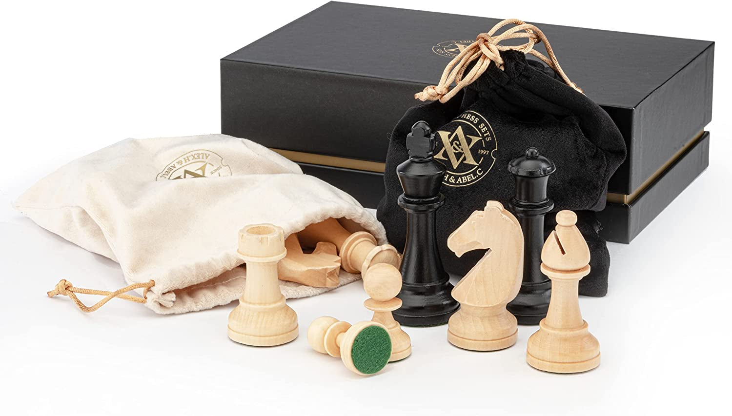 A&amp;A Premium Triple Weighted Staunton Wooden Chess Pieces W/ 2 Extra Queen - King Height 3&quot; / 7.6Cm / 2 Storage Bags