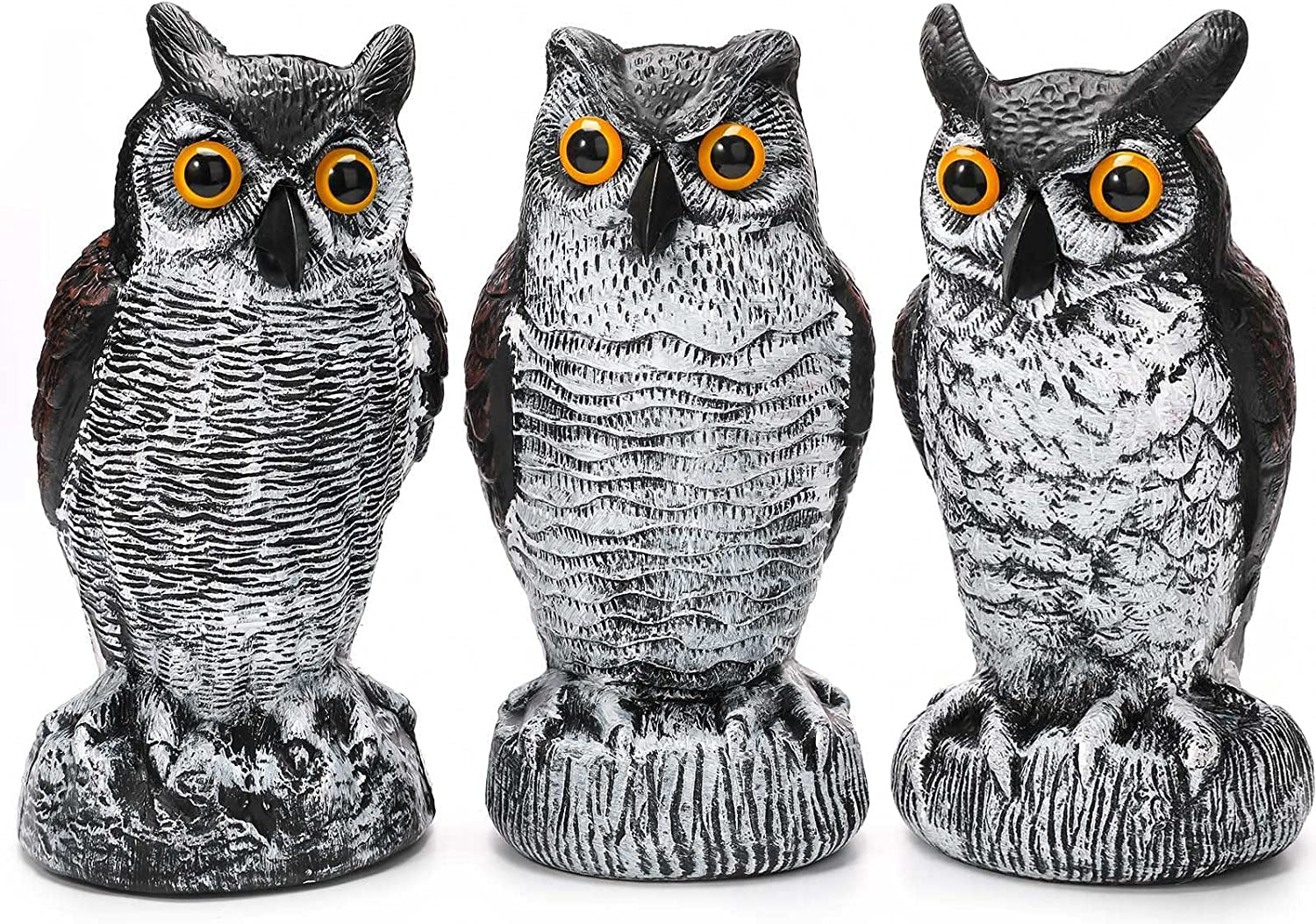 3 Pack Owl Decoy to Scare Birds Away, Fake Owl Scarecrows, Pigeon Deterrent, Plastic Owl Statue for Outdoor Garden Yard