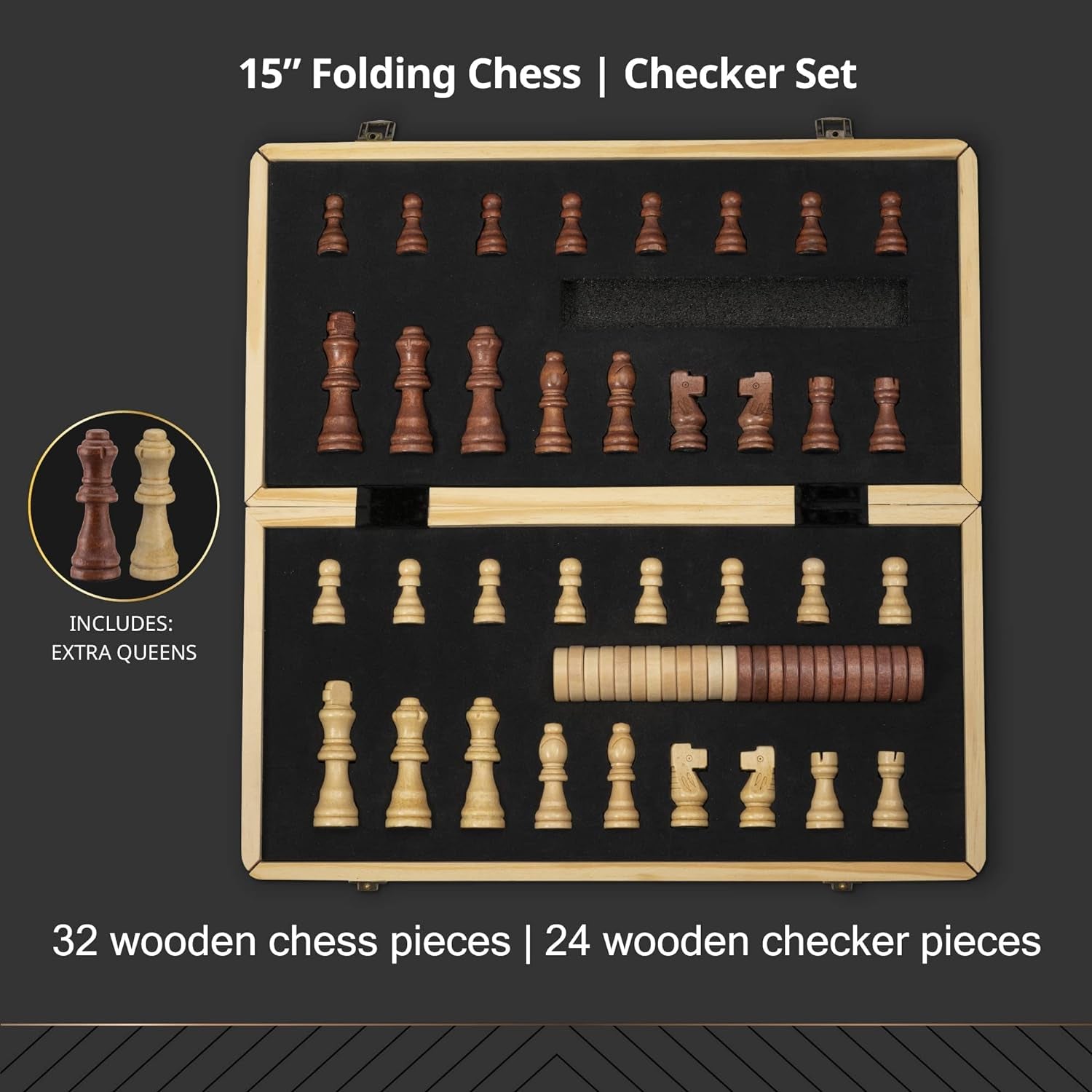 15&quot; Wooden Chess &amp; Checkers Set with 2 Extra Queens - for Adults &amp; Kids