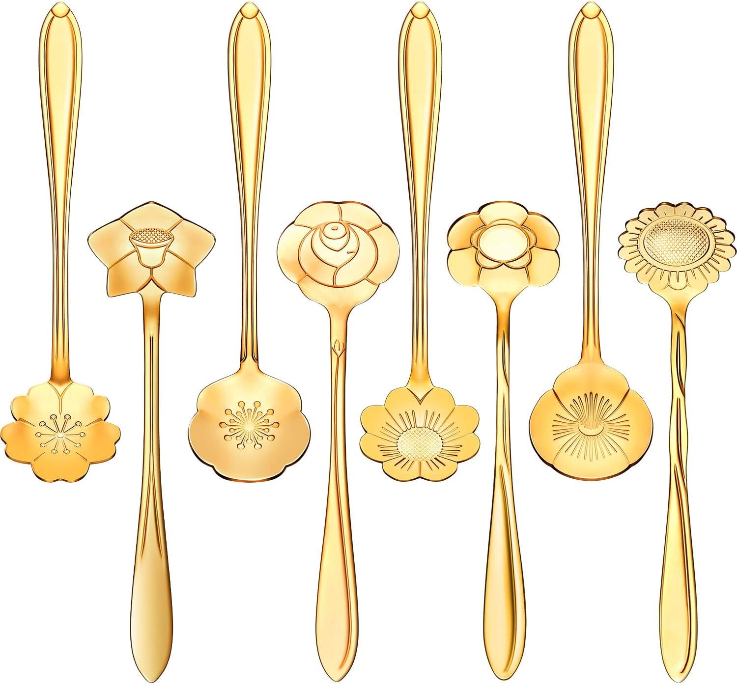 8 Pieces Flower Spoon Coffee Teaspoon Set Stainless Steel Tableware Creative Sugar Spoon Tea Spoon Stir Bar Spoon Stirring Spoon, 8 Different Patterns (Gold)