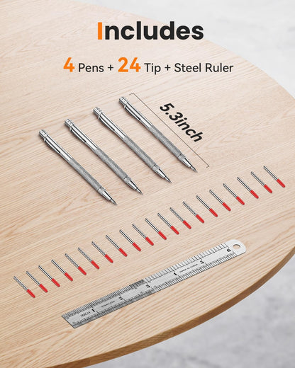 Tungsten Carbide Scriber, Knurled Aluminum Handle, 4-Pack with Bonus Marking Tips and Steel Ruler, Ideal for Detailed Crafting and Carving