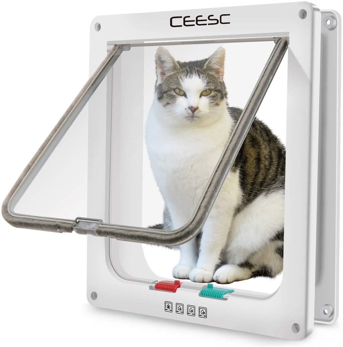 CEESC Extra Large Cat Door (Outer Size 11&quot; X 9.8&quot;), 4 Way Locking Large Cat Door for Interior Exterior Doors, Weatherproof Pet Door for Cats &amp; Doggie with Circumference &lt; 24.8&quot; (White)