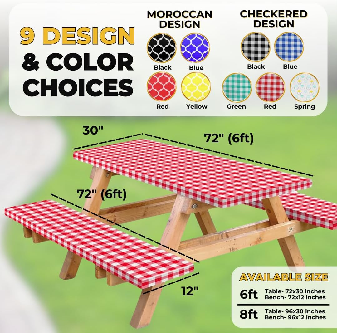 Vinyl Fitted Picnic Table Cover with Bench Covers and Bag, 6Ft Outdoor Waterproof Picnic Tablecloth with Elastic Edges, 72X30 Inches 3 Pcs Set (Red)