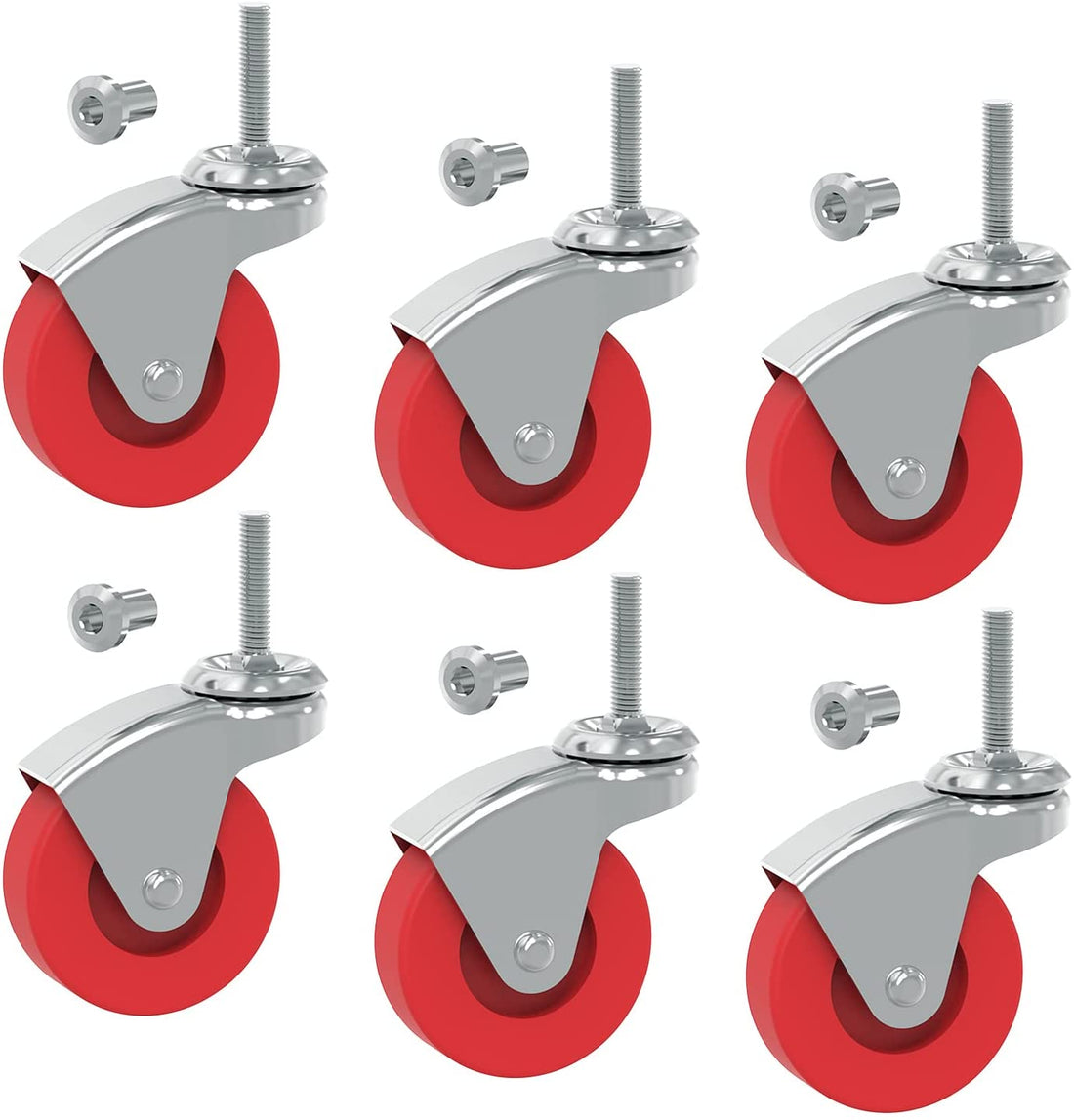 BIG RED 2.5 Inch Stem Caster Wheels Set of 6,Heavy Duty 360 Degree Swivel Stem Casters for Creeper Service Utility Cart Stool Post Mount,Atr6551-6Pb