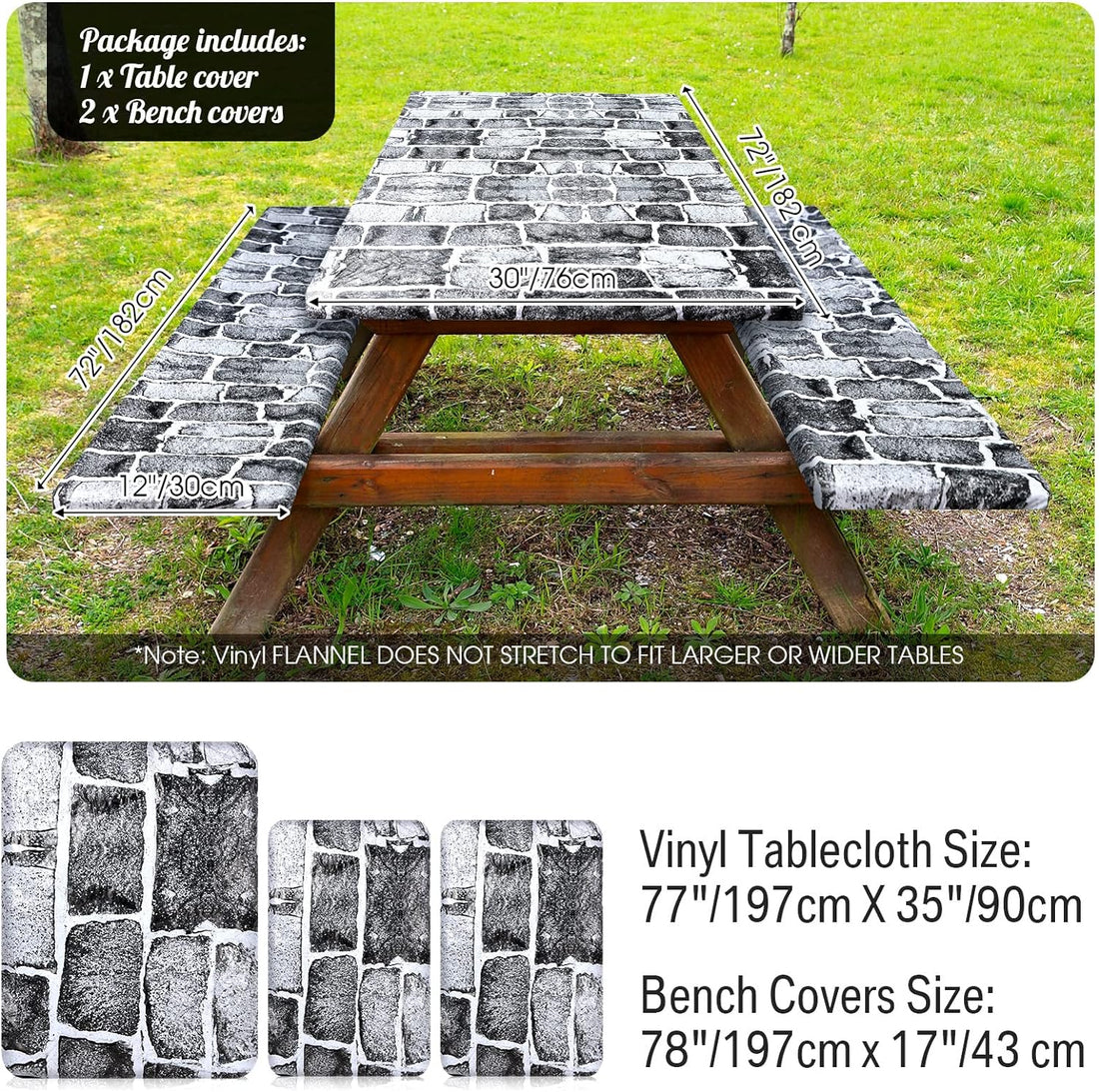 3 Pcs Vinyl Picnic Table and Bench Fitted Tablecloth Cover Set 6 Ft 30 X 72 Inch Flannel Backing Rectangular Elastic Edged Picnic Table Cover for Summer Outdoor Patio Travel (Brick)