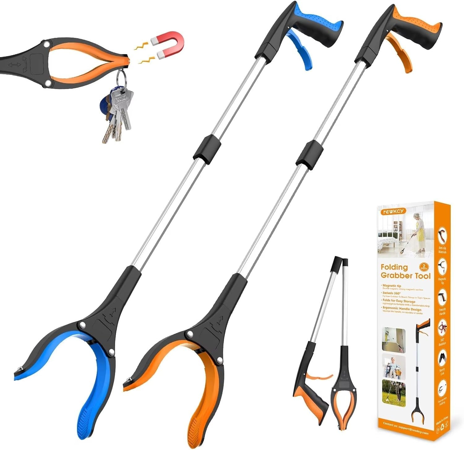 32&quot; Grabber Reacher Tool, 2-Pack Foldable Reacher Grabber Pickup Tool with 360° Rotating Jaw &amp; Magnet, Trash Picker Upper Grabber, Lightweight Grabbers for Seniors Heavy Duty