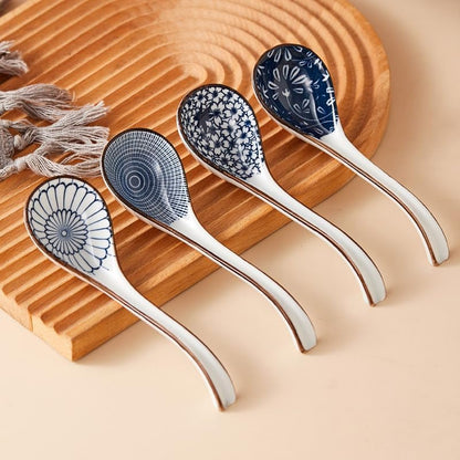 Asian Soup Spoon,Ceramic Ramen Spoon,6.4Inch Japanese Pho Spoon with Long Handle for Miso,Dumpling,Noodles,Wonton (Blue and White Porcelain, Set of 4)