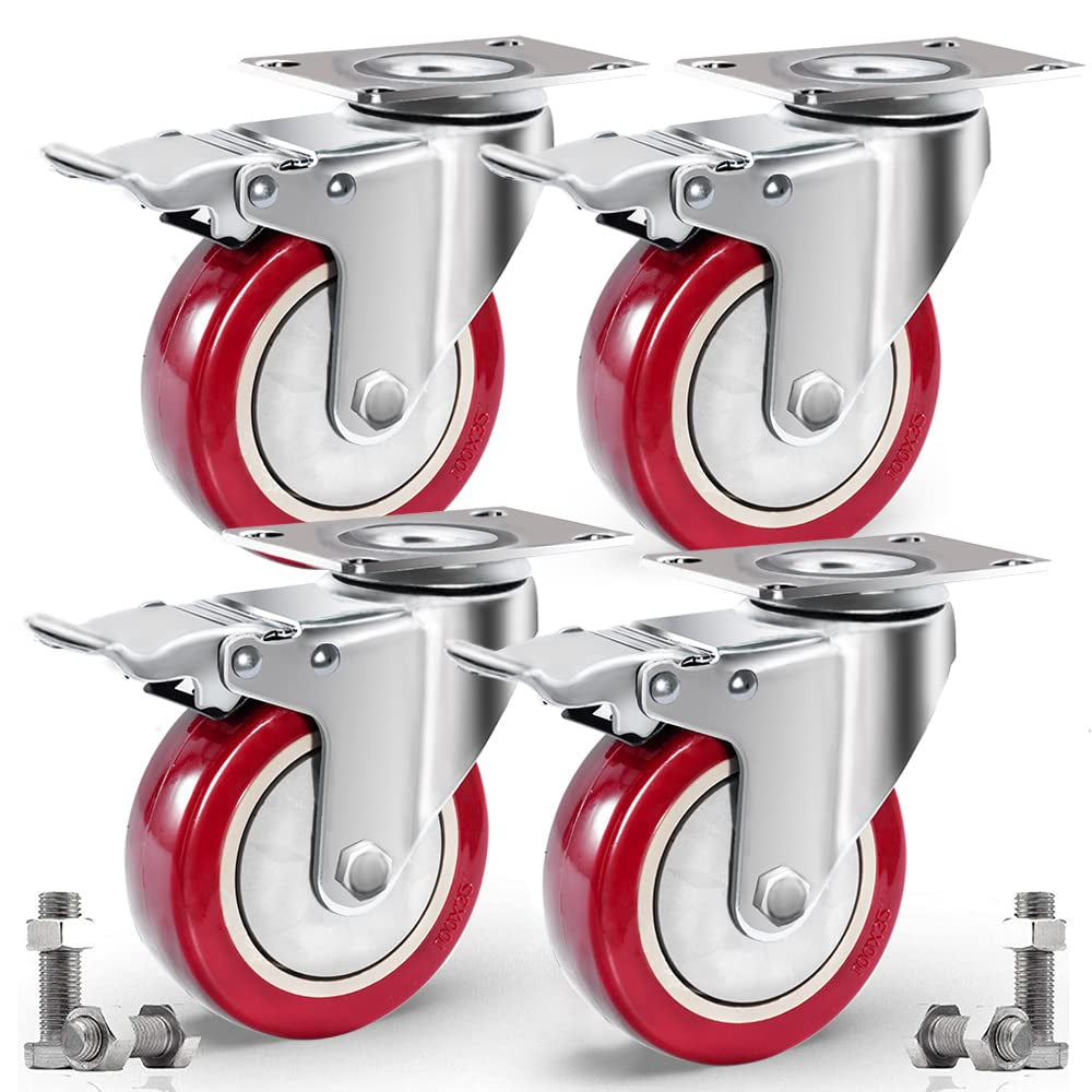 D&amp;L 4 Inch Plate Swivel Casters Wheels 1800Lbs Heavy Duty Casters with Brake Polyurethane Dual Locking Casters Set of 4 Red DL-I4-001