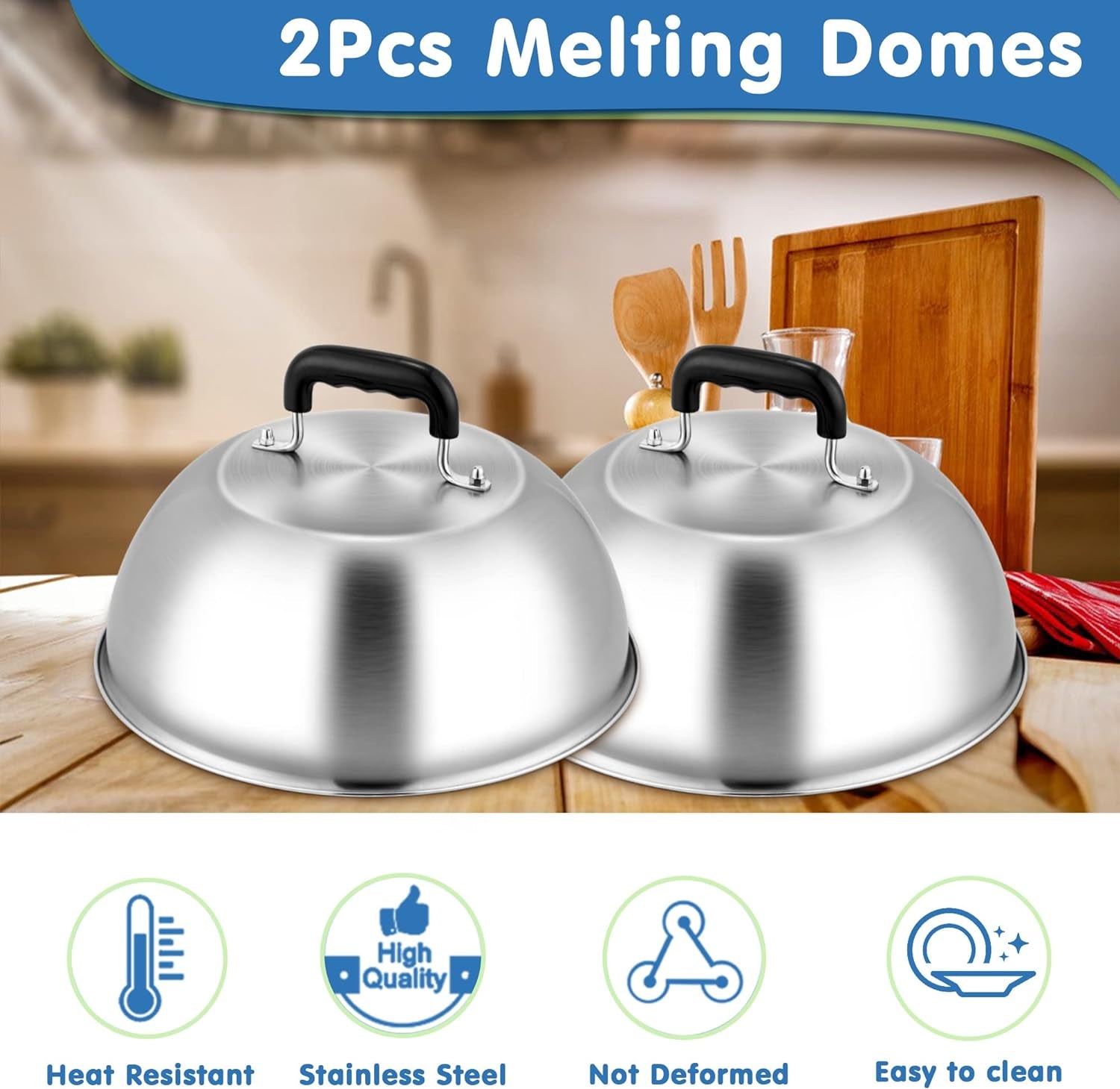 Cheese Melting Dome Set of 2(12 Inch), Joyfair Large Stainless Steel Basting Cover for Griddle, Flat Top Grill Tools for Outdoor BBQ Grilling Teppanyaki Cooking Steaming, Heavy Duty &amp; Dishwasher Safe