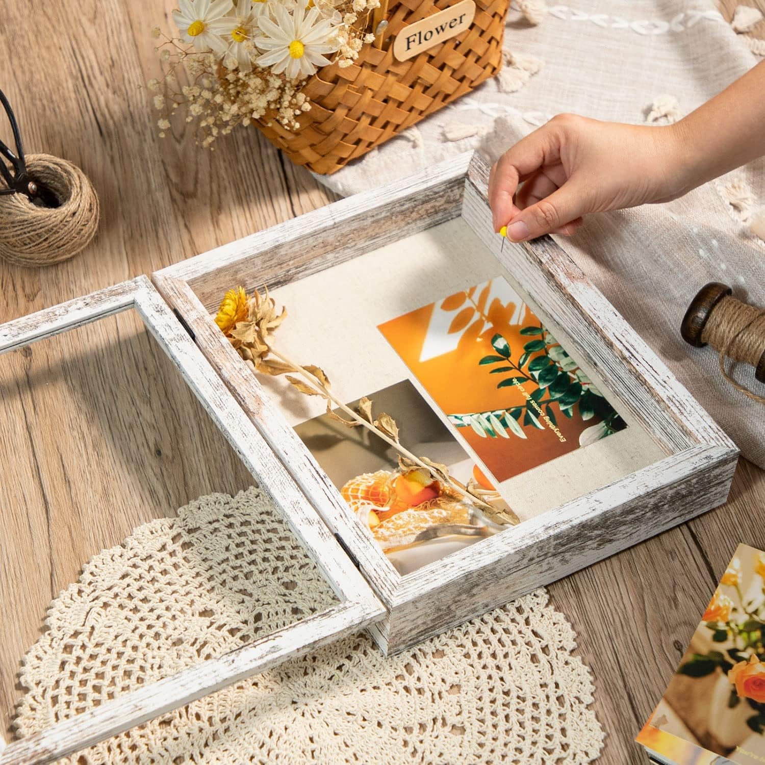 8X10 Shadow Box Frame with Linen Back - Real Glass, Push Pins Included, Sturdy Rustic Memory Display Case, Distressed White