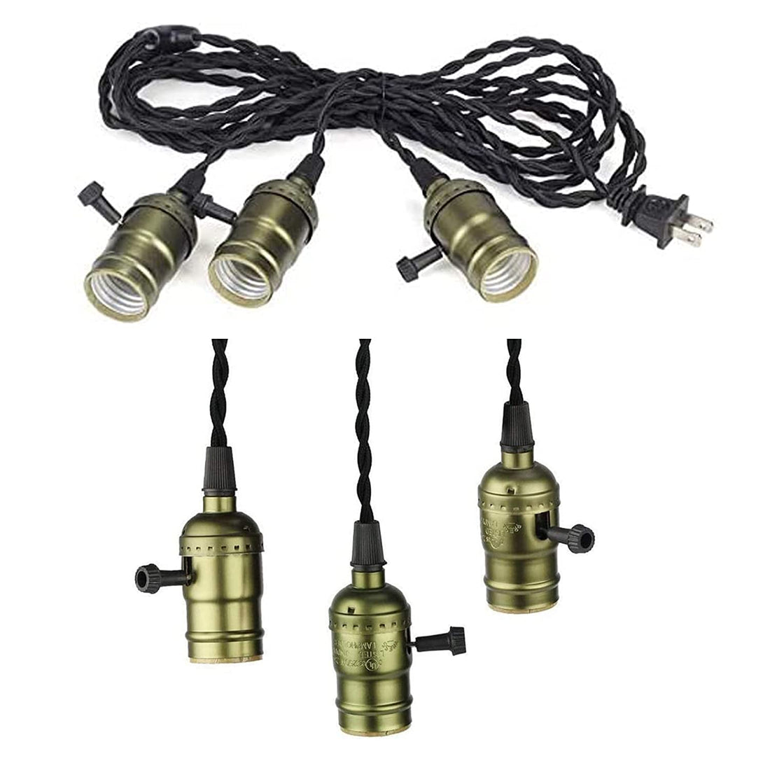 Vintage Triple Light Socket Pendant Hanging Light Cord Plug-In Light Fixture Cord with E26 E27 Socket 3 Light Twisted Black Cloth Cord Vintage Pendant Light Kit for Industrial Vintage,Bronze