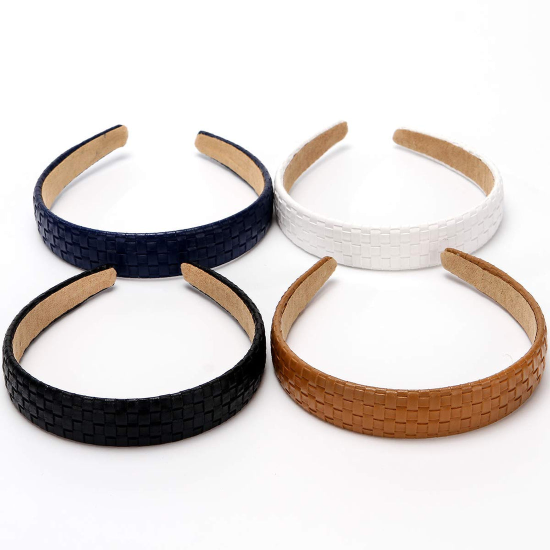 4PCS Checked Leather Wide Hard Headband Padded Headband Non-Slip Fashion Hairband for Girls and Women (Weave(Black+Brown+Blue+White))