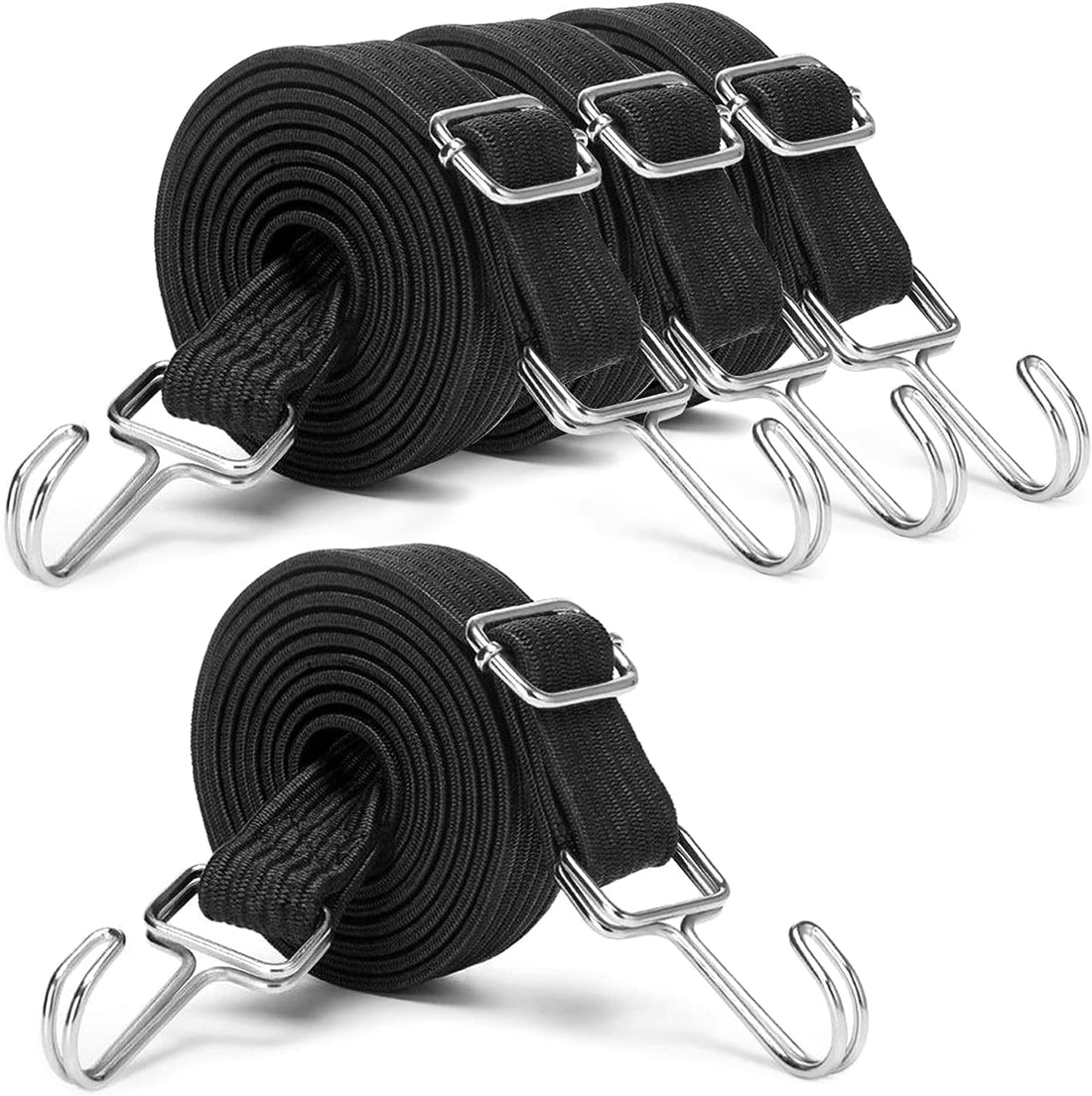 Black Adjustable Bungee Cords with Hooks Set,80&quot; Long Flat Heavy Duty Elasticity Straps,With Length Adjustment Metal Buckle Luggage Elastic Rope,For Moving Heavy Duty Cargo (4 Pack)