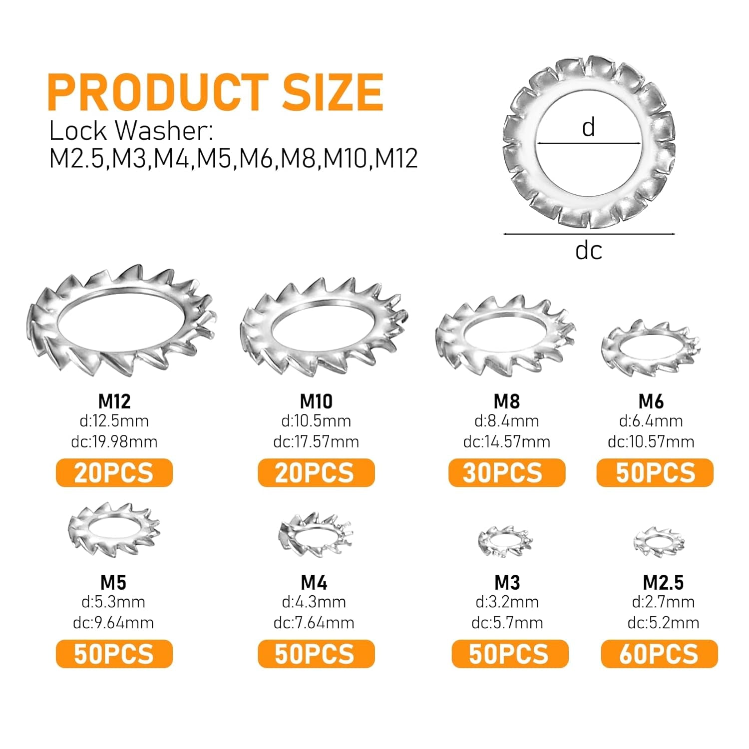 330 Pcs External Tooth Star Lock Washers, Stainless Steel External Starlock Washers Assortment Set, Tooth Locking Ring Washers Kit - M2.5 M3 M4 M5 M6 M8 M10 M12