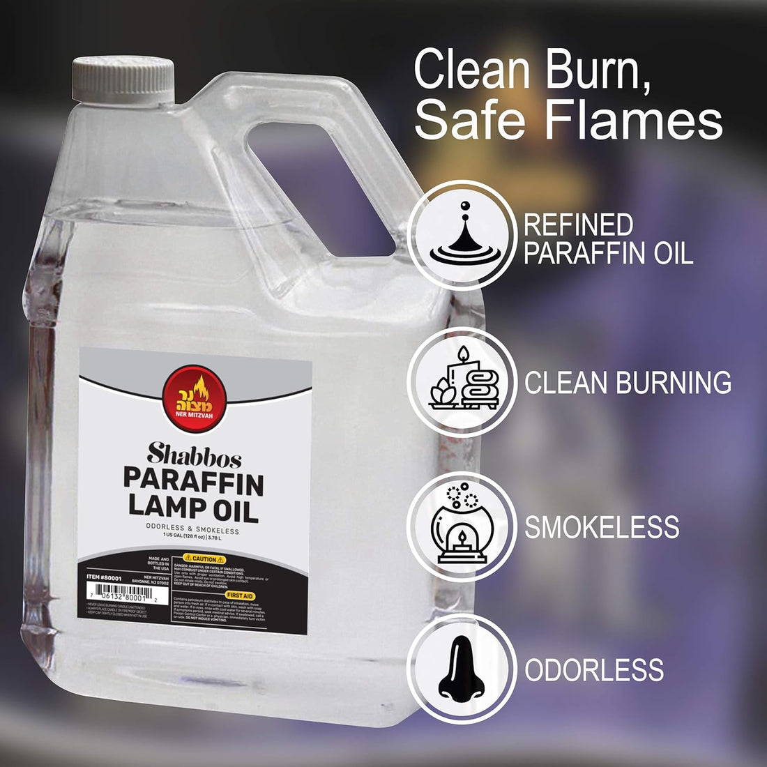 1 Gallon Paraffin Lamp Oil - Clear Smokeless, Odorless, Clean Burning Fuel for Indoor and Outdoor Use - Shabbos Lamp Oil, by Ner Mitzvah