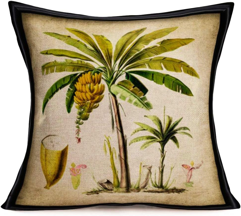 Tropical Throw Pillow Covers Set of 4 Cotton Linen Summer Coconut Palm Banana Tree Green Leaf Throw Cushion Cover for Home Sofa Bed Car Couch, 18&quot; X 18&quot; (Tropical Plants)