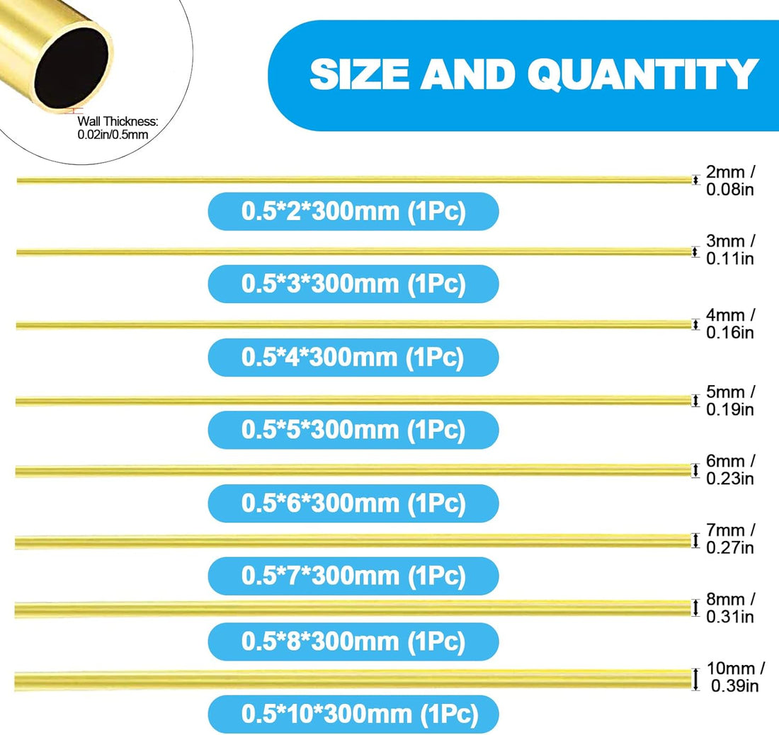 Brass Tube Tubing - 2Mm 3Mm 4Mm 5Mm 6Mm 7Mm 8Mm 10Mm OD X 0.5Mm Wall Thickness 300Mm Length Seamless round Pipe, 8 Pieces