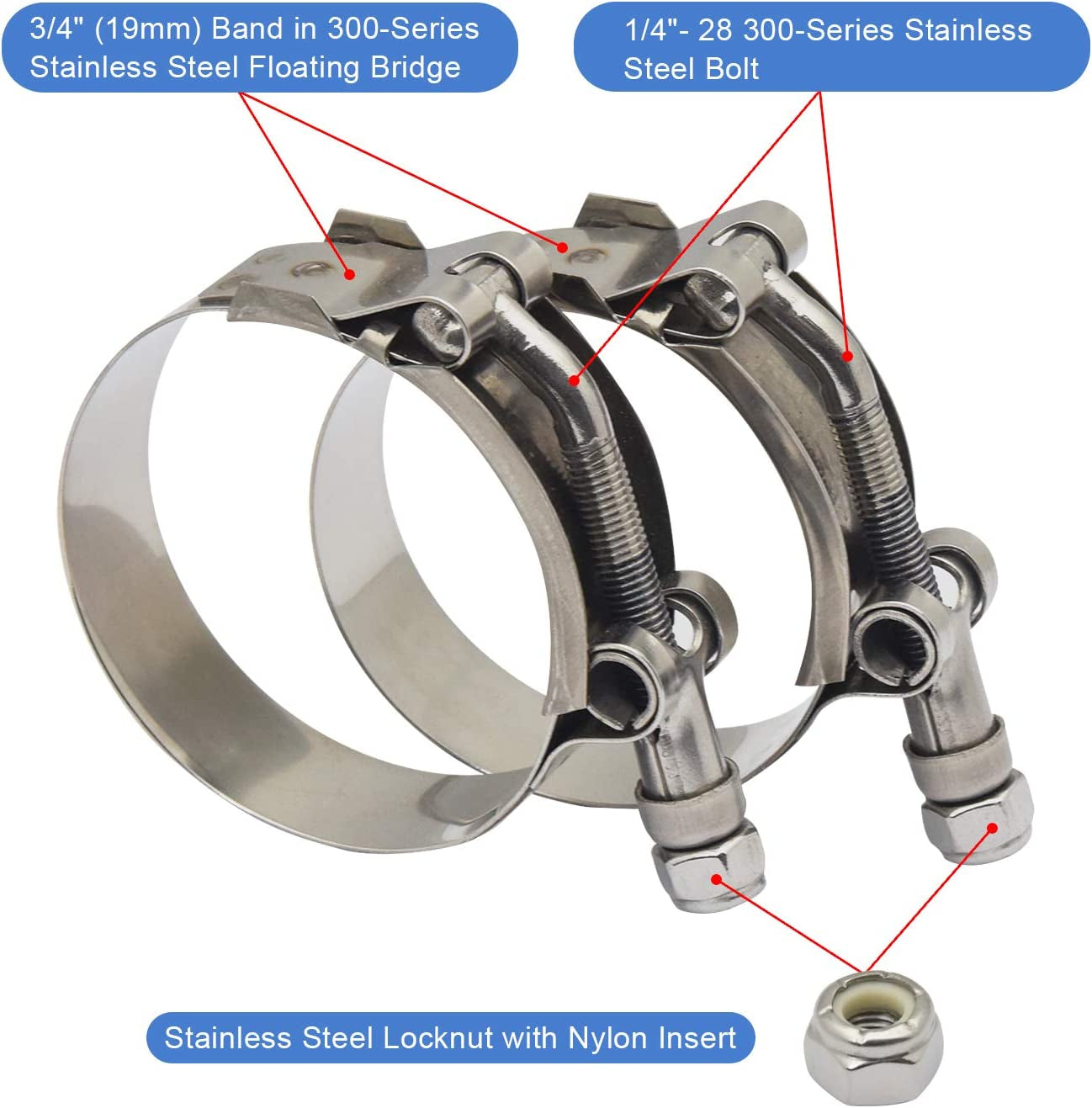 2&quot; T-Bolt Hose Clamp - Working Range 56Mm - 64Mm for 2&quot; Hose ID, Stainless Steel Bolt, Stainless Steel Band Floating Bridge and Nylon Insert Locknut (56Mm - 64Mm, 2 Pack)