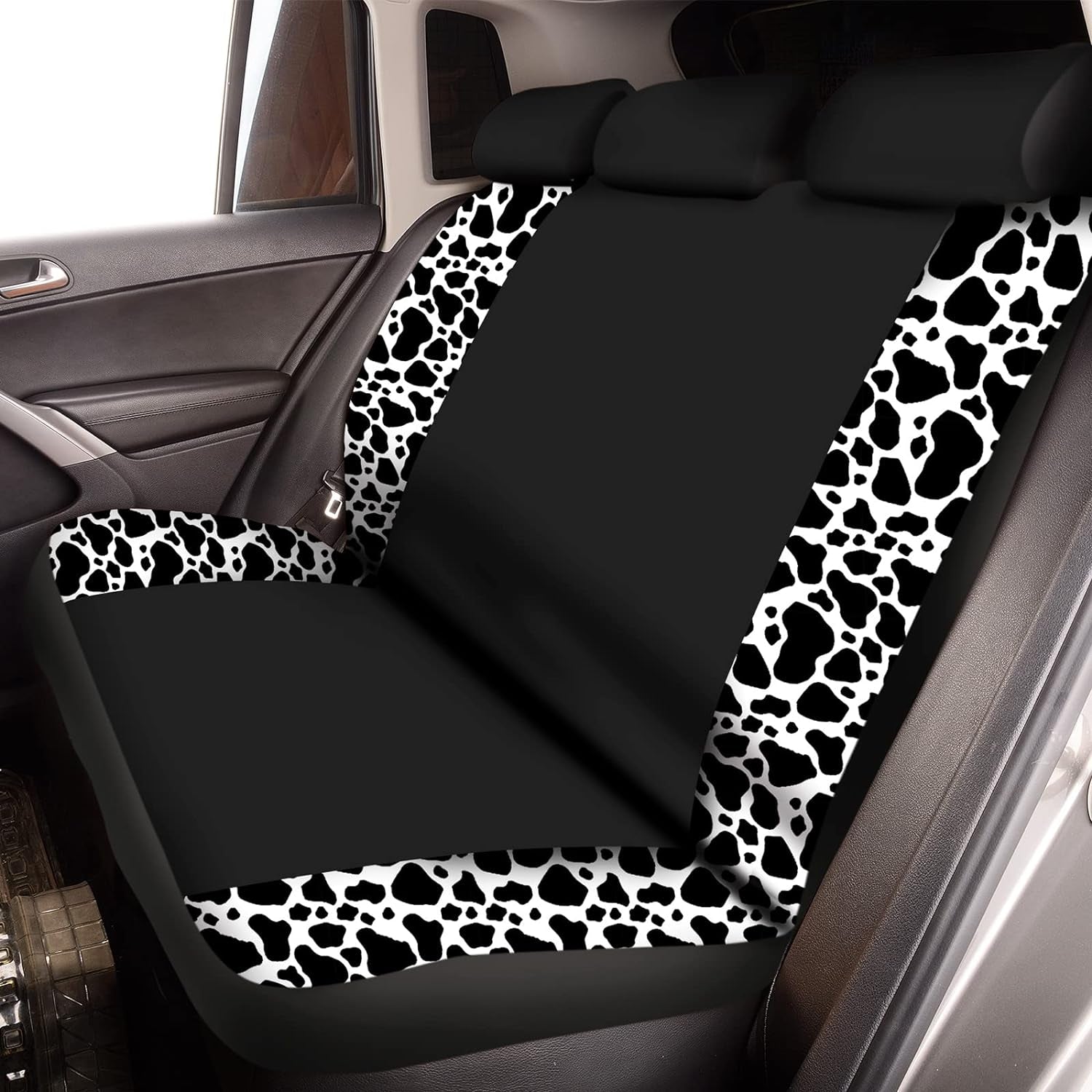 Cow Print Car Seat Covers Full Set for Women Men Cow Print Car Accessories Set Rubber Steering Wheel Cover Car Armrest Pad Cover Seat Belt Pads Wrist Holder Keychain(Classic Style, Rubber)