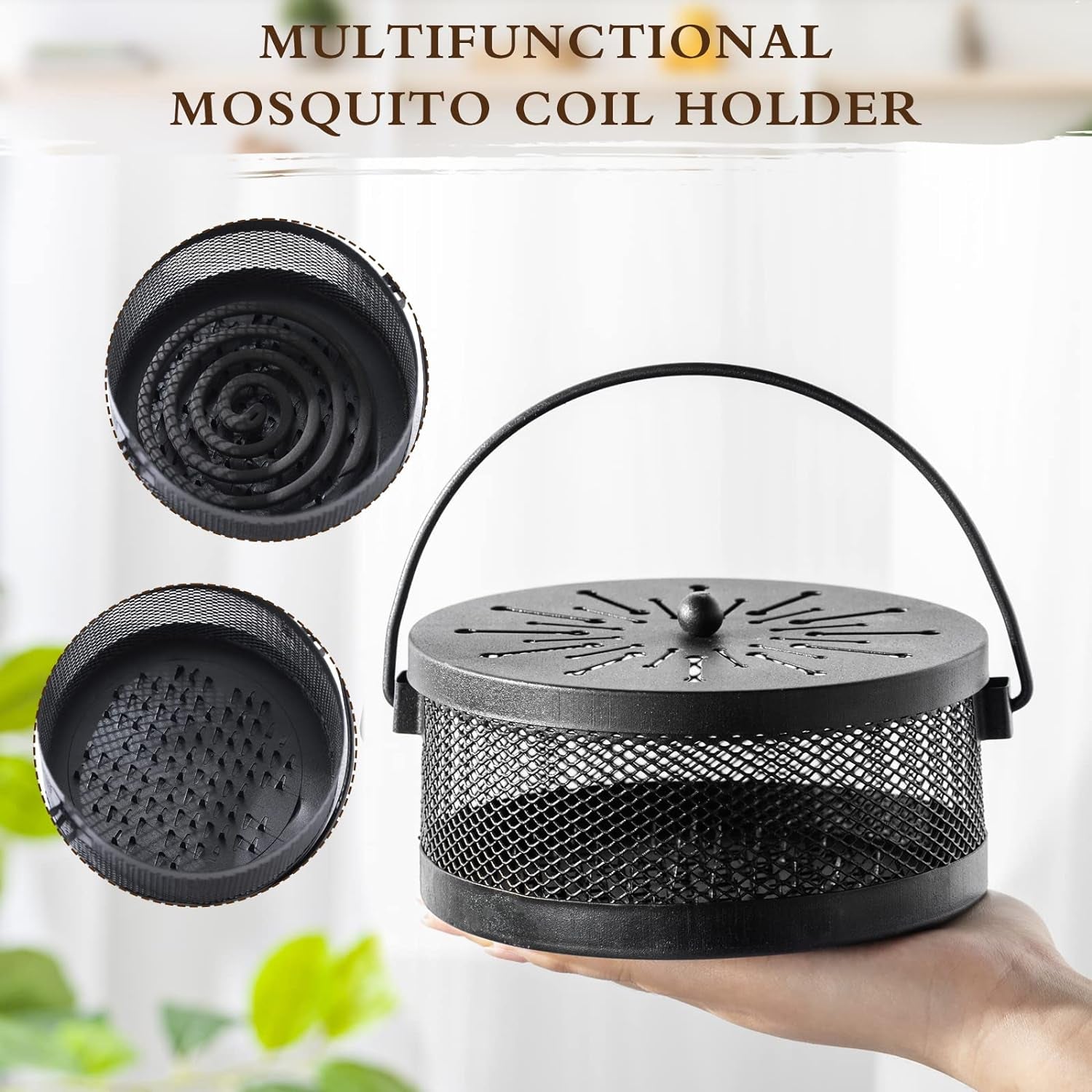 4 Pieces Mosquito Coil Holder Incense Coil Holder Retro Portable Hanging Incense Burner Holder with Handle round Metal Incense Holder for Home Camping Indoor Outdoor Patio (Black,Mesh Style)