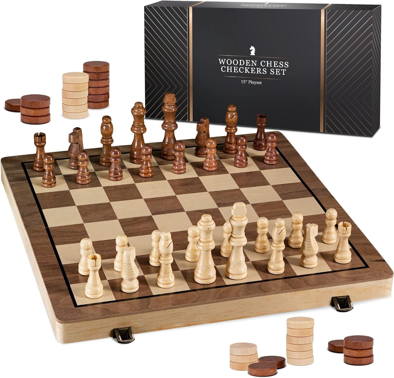 15&quot; Wooden Chess &amp; Checkers Set with 2 Extra Queens - for Adults &amp; Kids