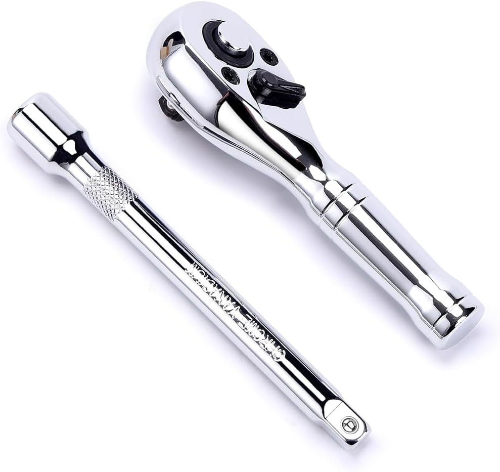 1/4-Inch Drive Ratchet Wrench, 72-Tooth Stubby Quick-Release Socket Wrench with a Extension Bar(4 Inch), Reversible Switch, Chrome Alloy Made, Full-Polished Chrome Plating