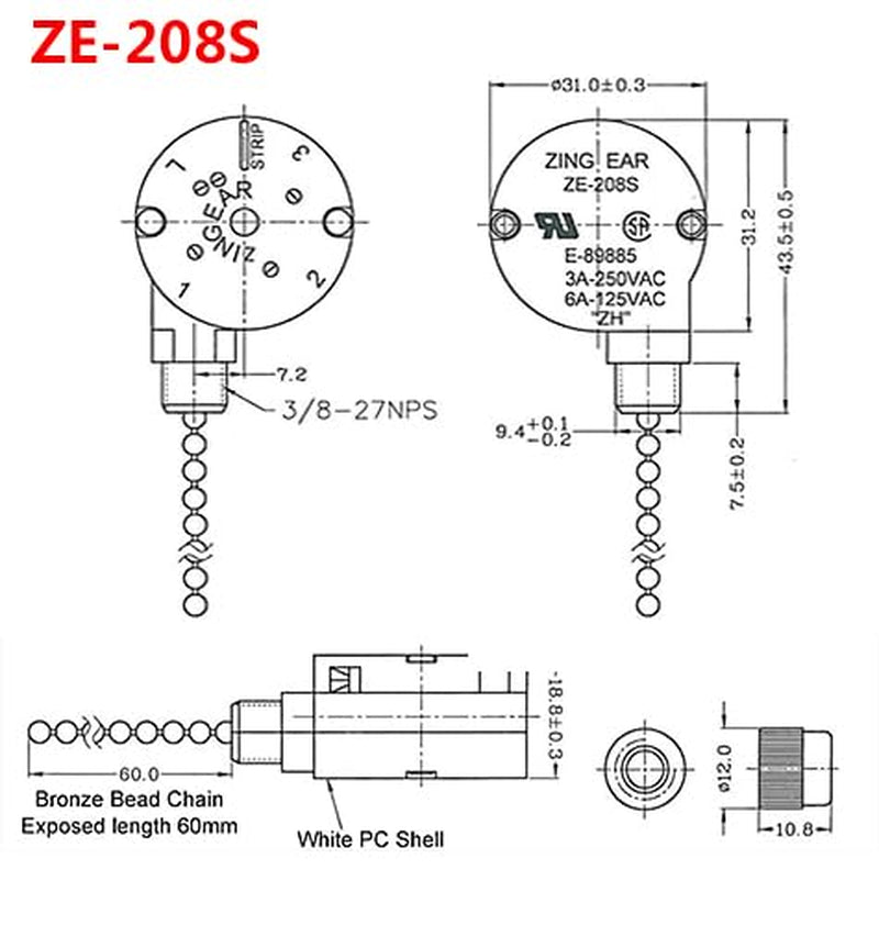 Ceiling Fan Switch Zing Ear Ze-208S E89885 3 Speed 4 Wire Pull Chain Switch Fan Light Switch Replacement Part with 4 Pre-Installed Wires(Bronze Chain)