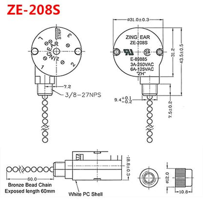 Ceiling Fan Switch Zing Ear Ze-208S E89885 3 Speed 4 Wire Pull Chain Switch Fan Light Switch Replacement Part with 4 Pre-Installed Wires(Bronze Chain)