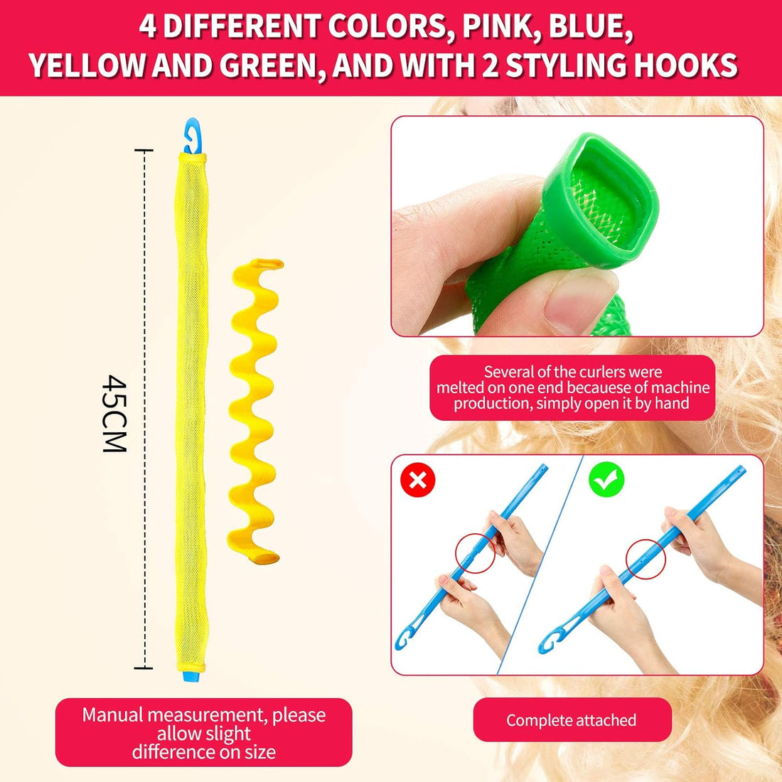 28 Pieces Hair Curlers Spiral Curls No Heat Wave Hair Curlers Styling Kit with 2 Pieces Styling Hooks for Most Kinds of Hairstyles (45 Cm, Assorted Color)