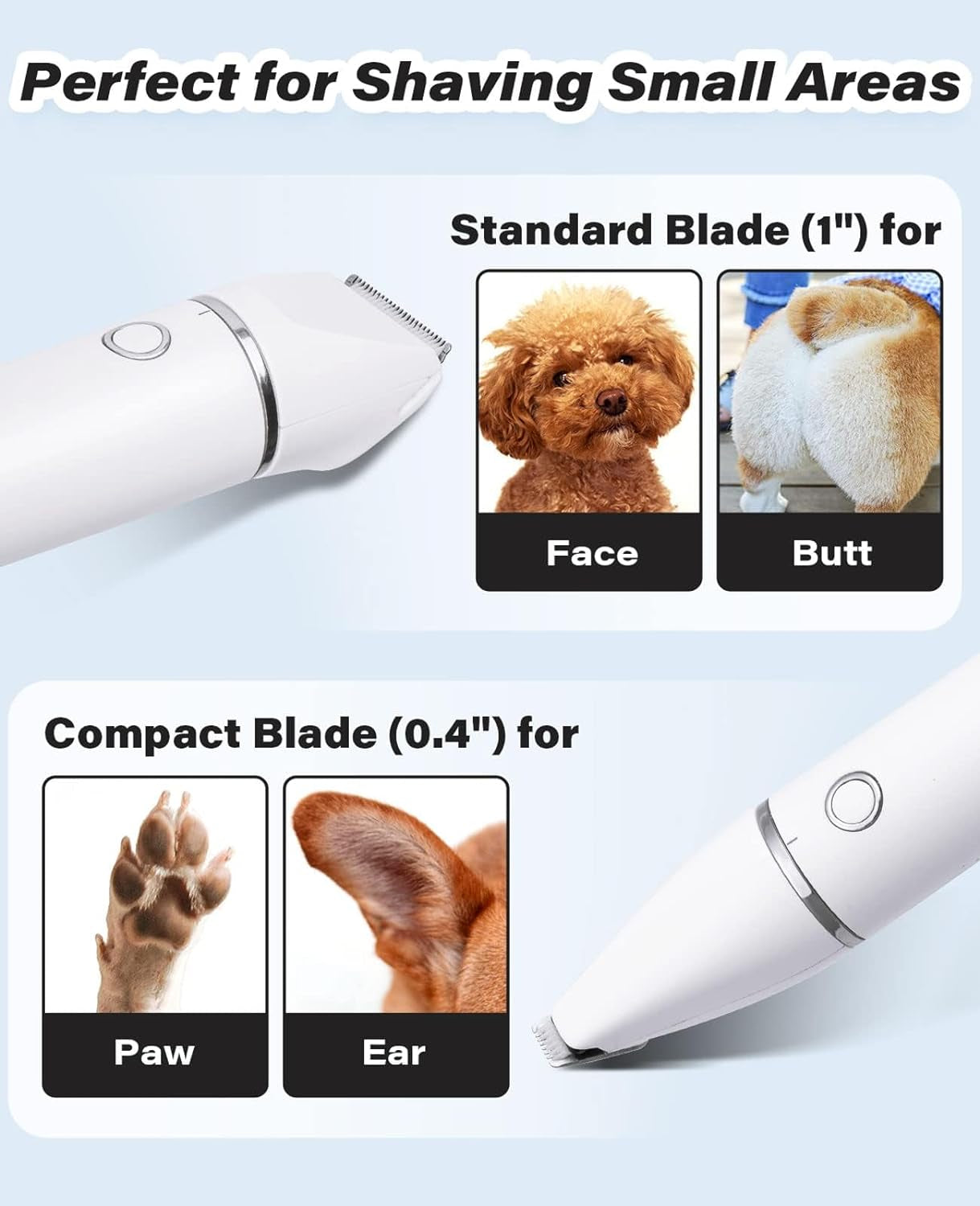 Casfuy Cordless Dog Paw Trimmer - Low Noise Small Dog Clippers with Double Blades USB Rechargeable Grooming Clipper for Dogs Cats and Small Pets for Trimming Hair around Paws, Eyes, Ears, Face, Rump