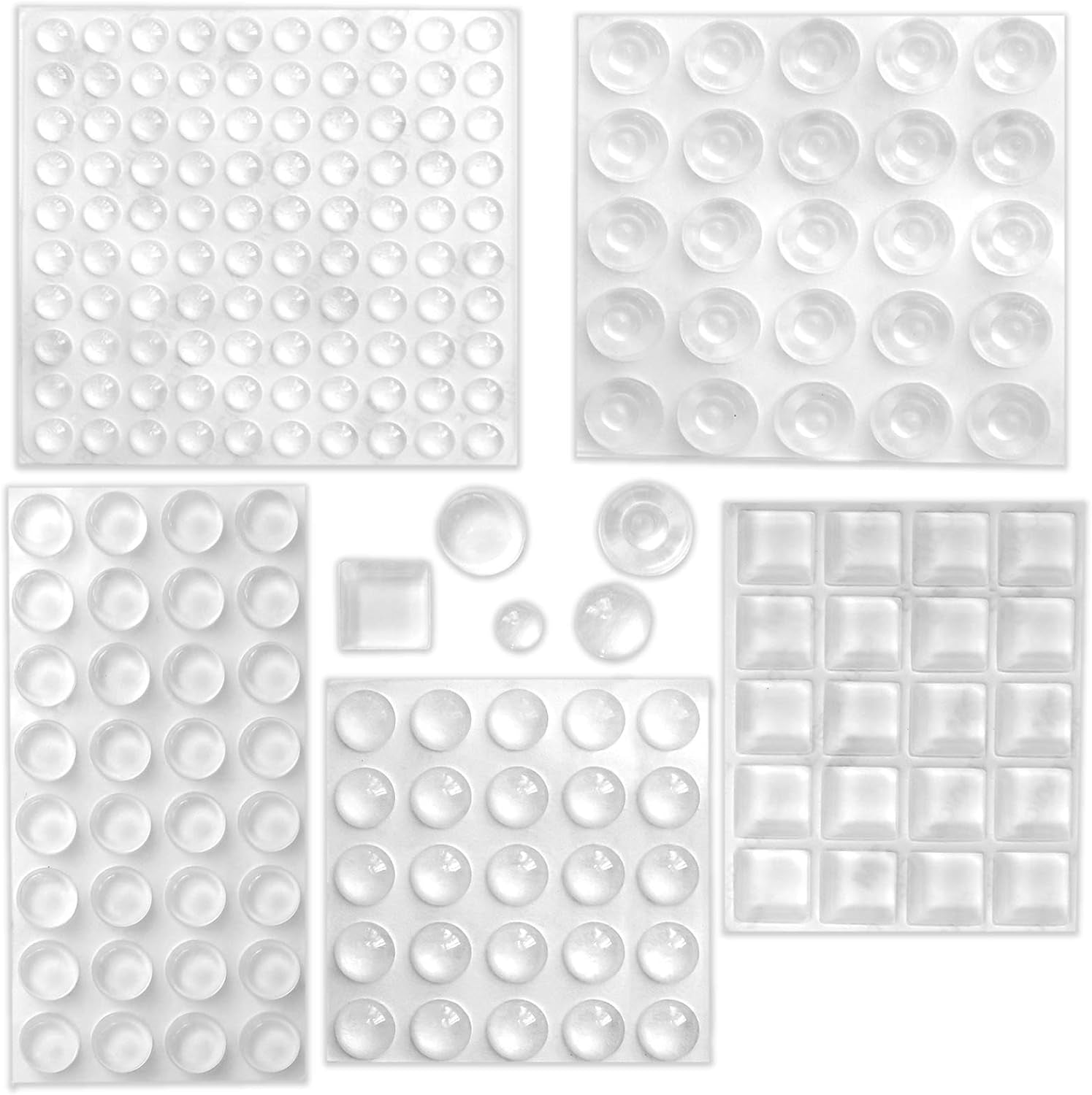 202 Pcs Combo Pack Clear Adhesive Bumper Pads, round Spherical Square, Self Adhesive Sound Dampening Transparent Rubber Feet Pads for Cabinet Doors Drawers Glass Tops Picture Frames Cutting Boards