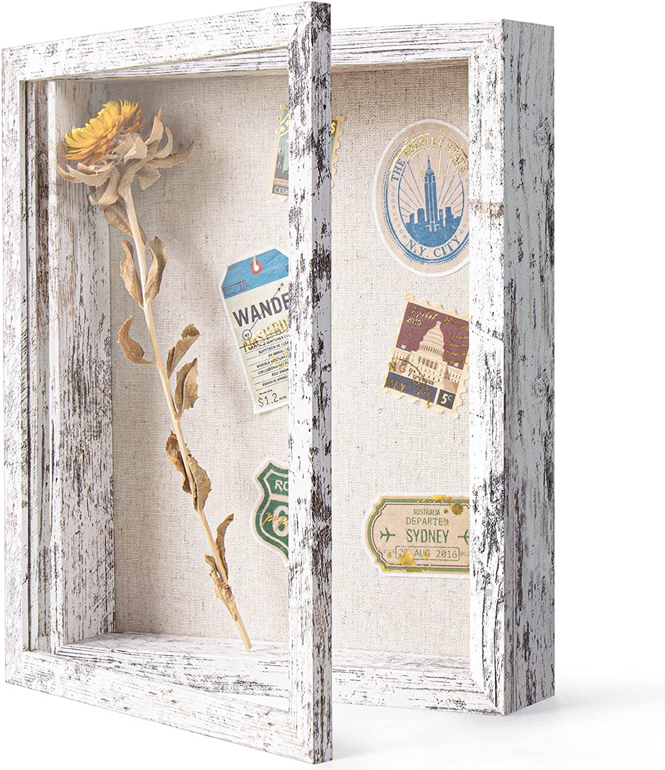 8X10 Shadow Box Frame with Linen Back - Real Glass, Push Pins Included, Sturdy Rustic Memory Display Case, Distressed White