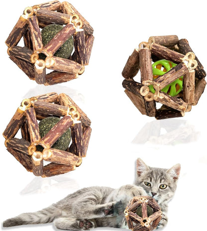 Cat Catnip Toys 3 Packs Catnip Ball Toys, Nature Silvervine Stick Cage Cat Bell Balls, Catnip Toys for Cleaning Teeth, Relaxing Cats, Cat Toys for All Breeds