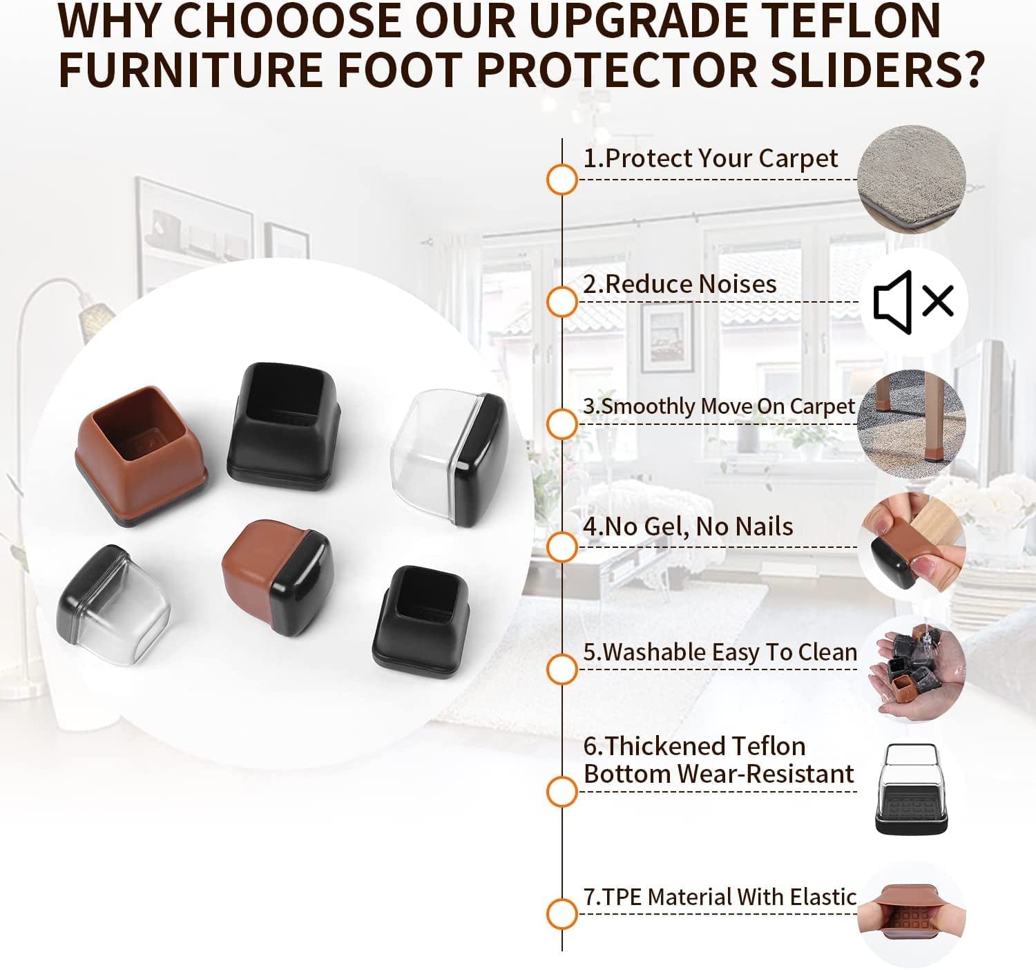 24 PCS Chair Leg Sliders for Carpet, Square Chair Glides, Furniture Leg Protectors Caps, Carpet Protectors Table Feet Covers Cups, Teflon Furniture Pads Sliders No Scratches (Fit 1.1&quot; - 1.45&quot;, Clear)