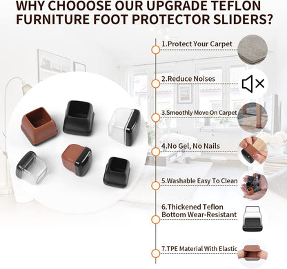 24 PCS Chair Leg Sliders for Carpet, Square Chair Glides, Furniture Leg Protectors Caps, Carpet Protectors Table Feet Covers Cups, Teflon Furniture Pads Sliders No Scratches (Fit 1.1&quot; - 1.45&quot;, Clear)