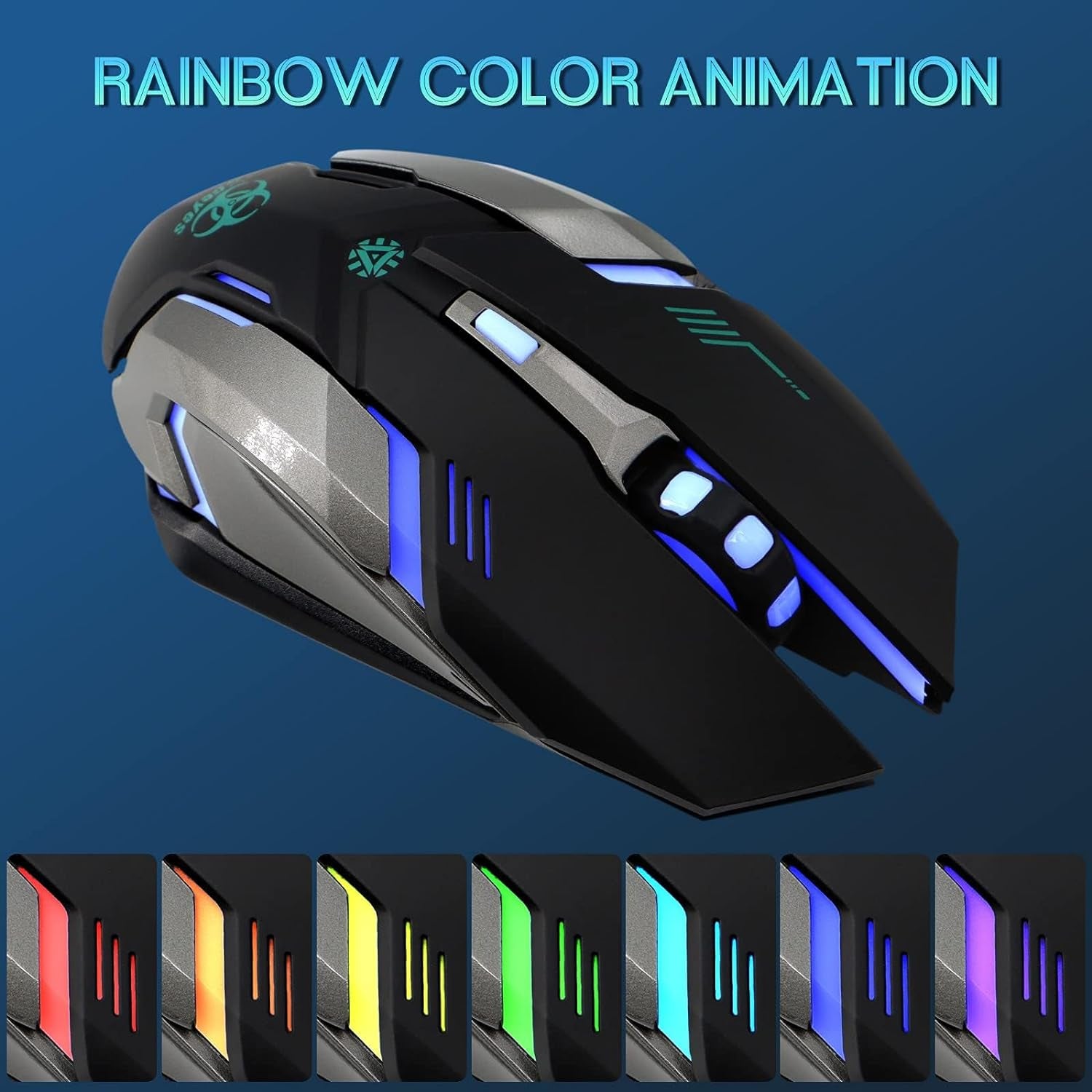 VEGCOO Wireless Gaming Mouse, C8 Silent Click Wireless Rechargeable Mouse with Colorful LED Lights and 3 Level DPI 400Mah Lithium Battery for Laptop and Computer (Black)