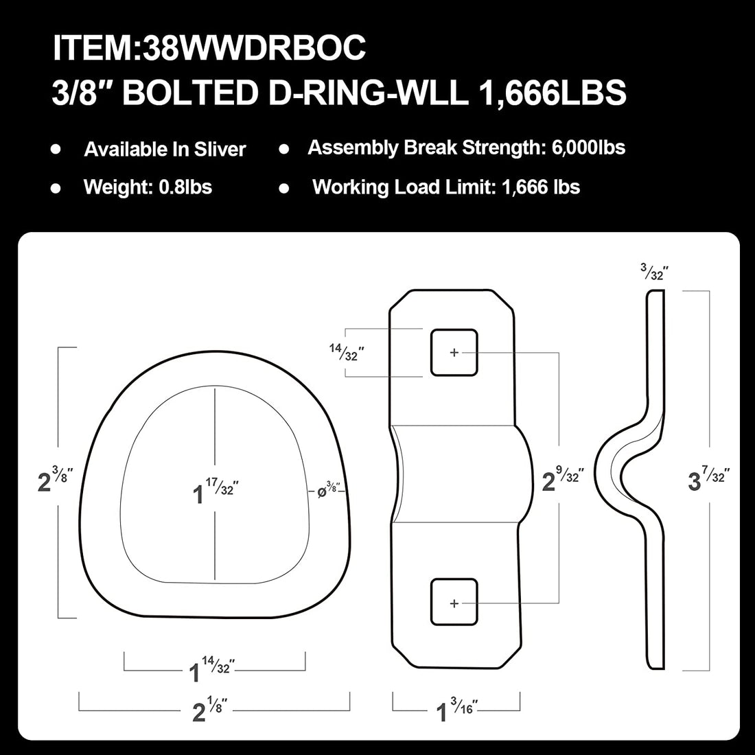 D-Rings, Truck Tie Downs Anchor 3/8&quot; Heavy Duty 6000 Pound Steel Tie-Down Ring for Loads on Trucks, Trailers, Boats, RV Campers, Vans;For Kayaks, Motorcycles, Deliveries, Atvs （Pack of 6）