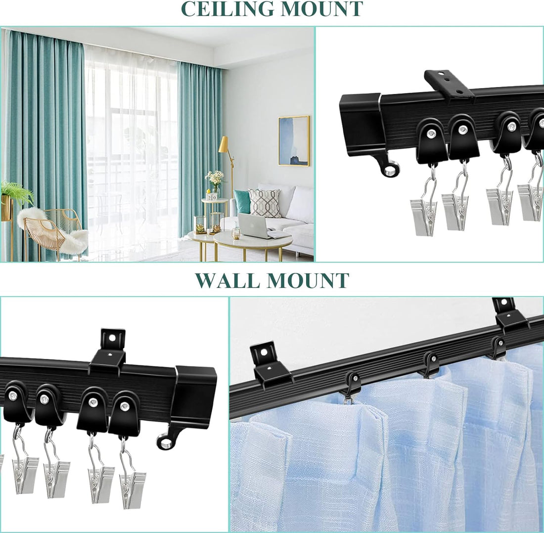 Ceiling Curtain Track, Flexible Bendable Curtain Track 10 Ft Black Curved Curtain Rail Track Ceiling Wall Mount Sliding Curtain Ceiling Track System Set for RV, Bay Window, Room Divider