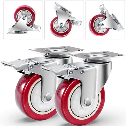 D&amp;L 4 Inch Plate Swivel Casters Wheels 1800Lbs Heavy Duty Casters with Brake Polyurethane Dual Locking Casters Set of 4 Red DL-I4-001