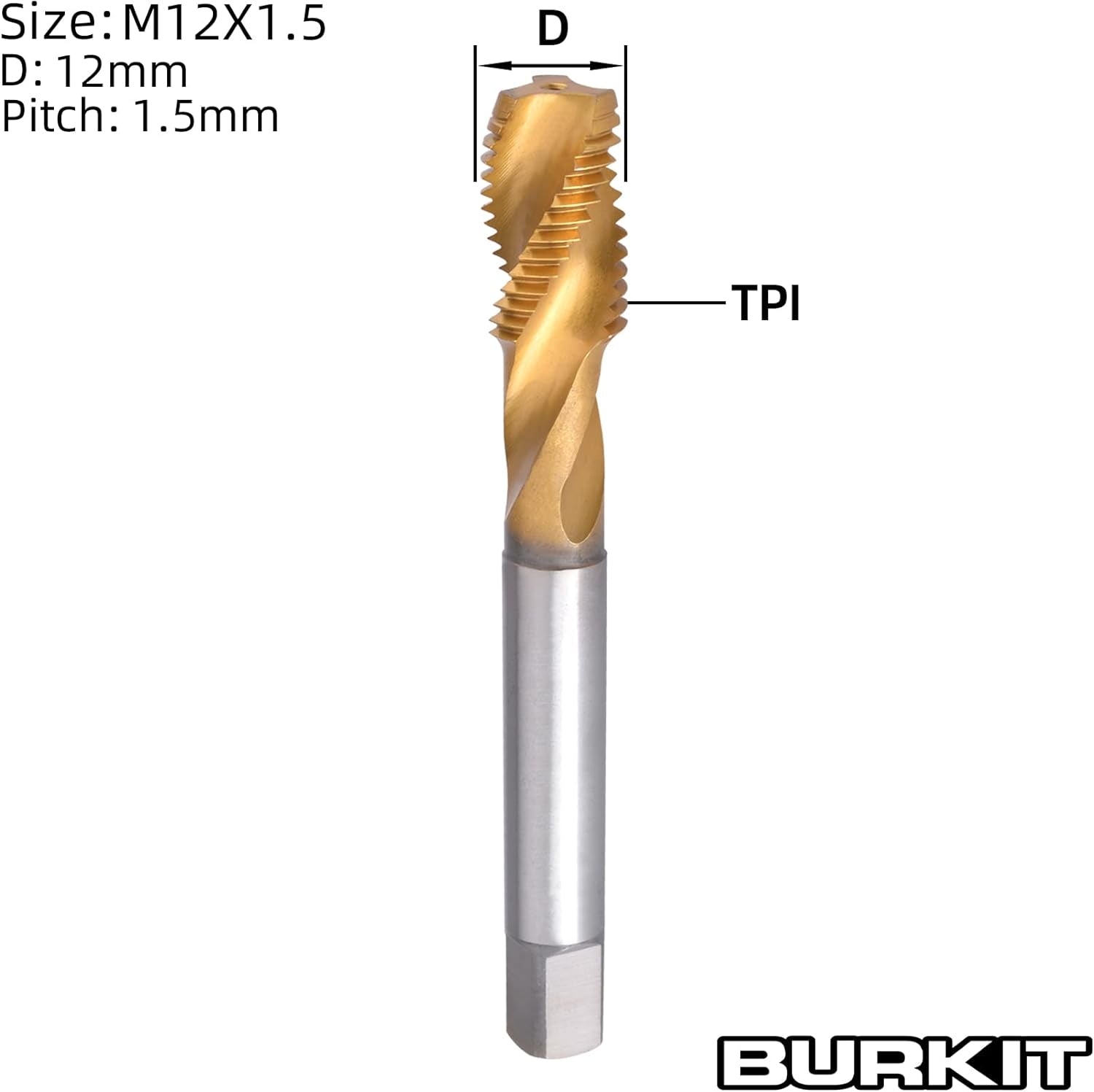 Burkit M12 X 1.5 Spiral Flute Tap, HSS Titanium Coated Spiral Flute Plug Threading Tap M12 X 1.5