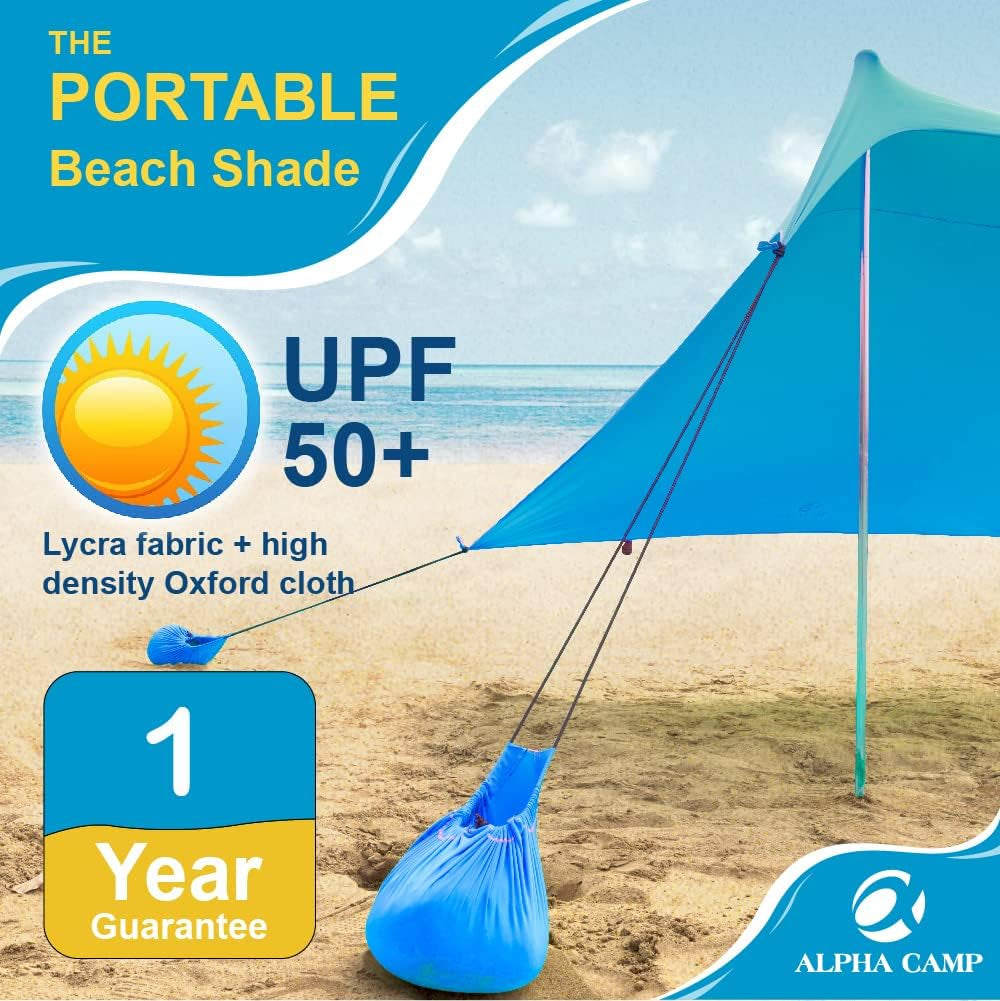 ALPHA CAMP Beach Tent Canopy, Portable Sun Shelter Sun Shade 7X7 FT with Sandbag Anchors, 2 Pole Pop up Outdoor Shelter Family Size for Beach, Camping, Fishing, Backyard, Picnics - Blue