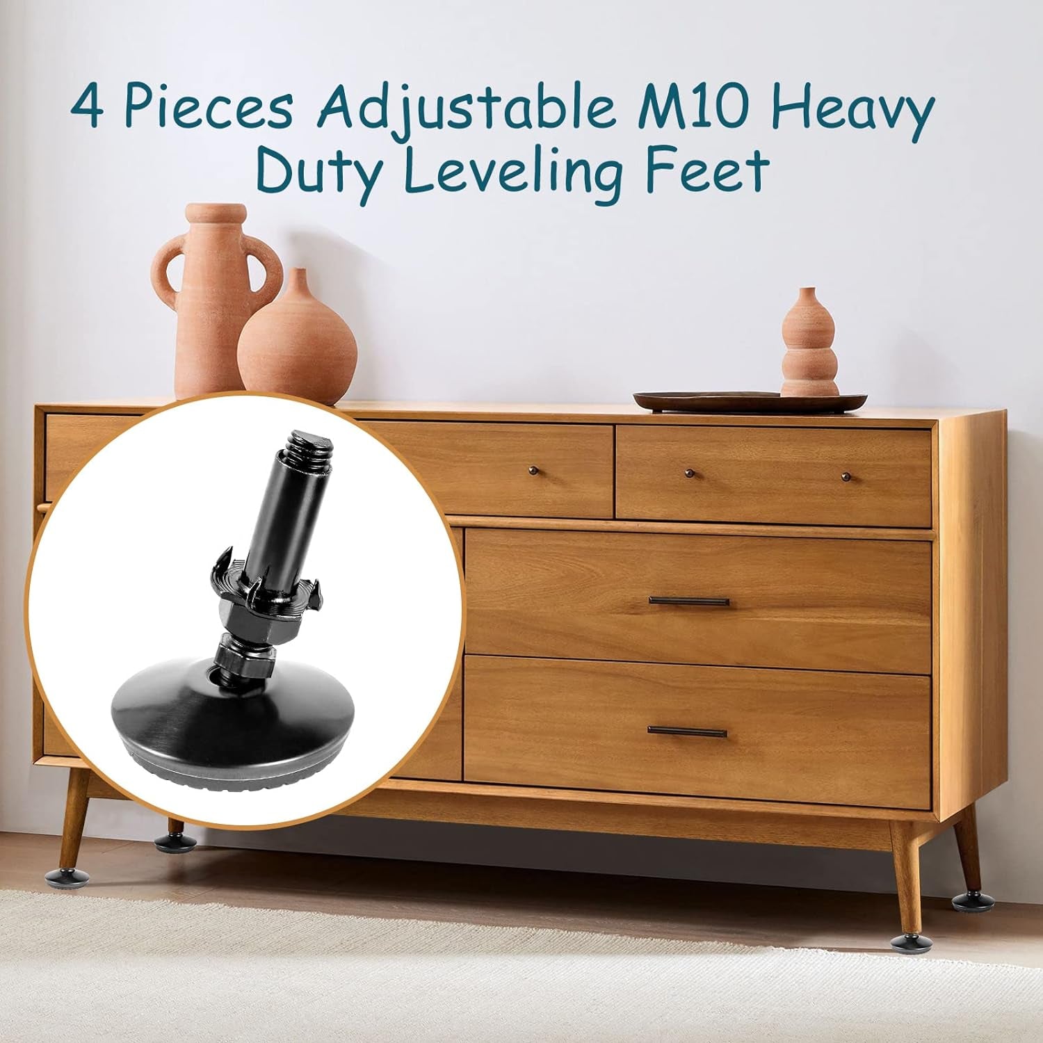 4 Set M10 Swivel Leveling Feet with 4-Pronged T Nut, Adjustable Leg Levelers Heavy Duty Furniture Levelers, M10 Furniture Legs with 2&quot; Thread Length for Cabinet Sofa Table Raiser, Black