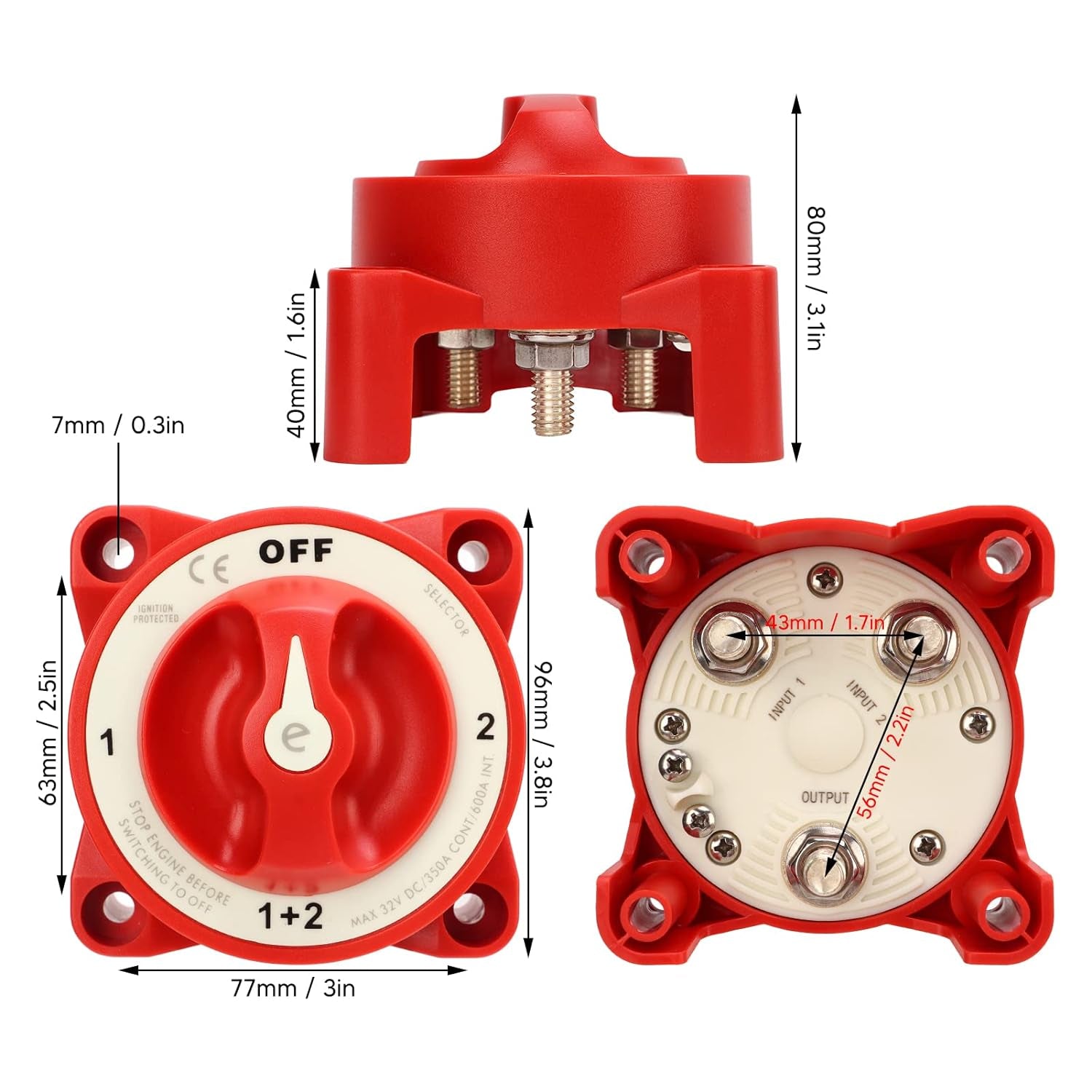 Battery Disconnect Switch, 4 Gear Position Power off Isolation Switch Waterproof Marine Battery Isolator Cut off Switch Battery Selector Switch for Marine Boat Yacht RV Large Truck