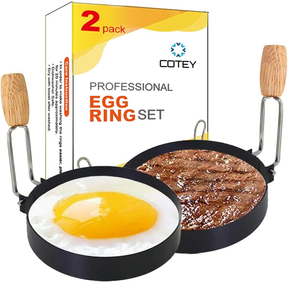 COTEY 3.5&quot; Egg Rings Set of 2 with Wooden Handle, Large Ring for Frying Eggs, round Mold for English Muffins - Griddle Cooking Shaper for Breakfast