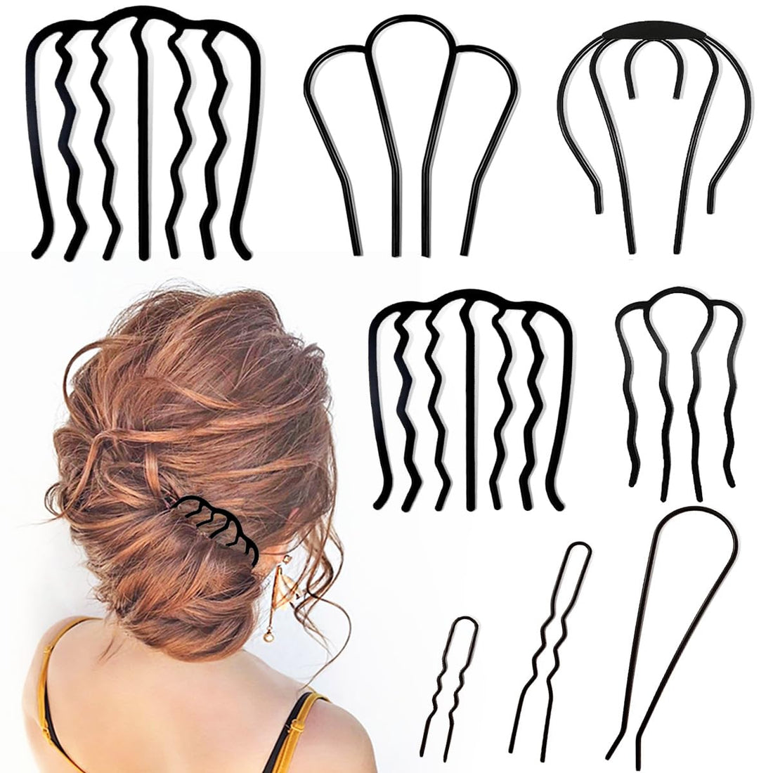 8 Piece Hair Side Combs U Hair Pins Hair Fork Clip Hair Stick for Updo Bun, U Shaped Teeth Hair Combs for Vintage Hairstyle Hair Accessories