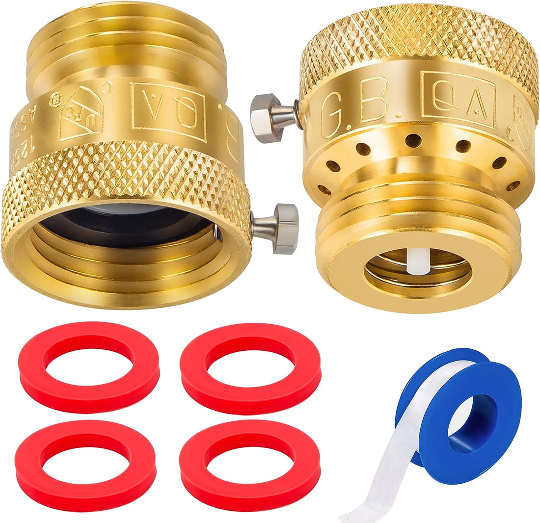 2-Pack Brass Vacuum Breaker Set 3/4&quot; Anti-Siphon Hose Bib Valve for Garden Spigot RV Hose Connection Backflow Preventer Connector with Tape and Extra Washers